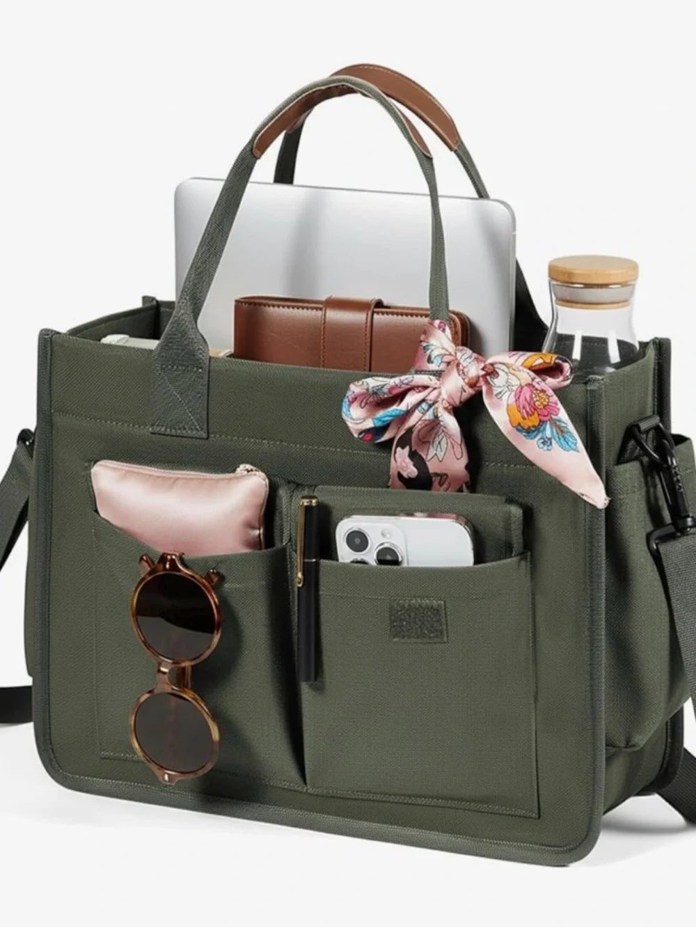 Men's Olive Green Canvas Laptop Tote with Dual Handles and Shoulder Strap